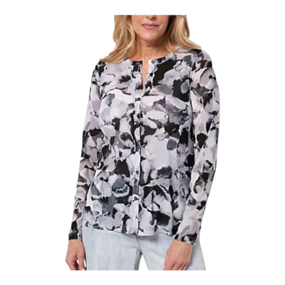 LOGO Layers by Lori Goldstein Black Gray Watercolor Printed Mesh Cardigan Size L